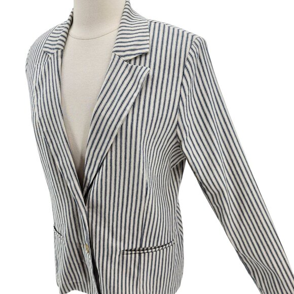 NEW Evereve Womens Medium Jacket Thea Stripe Blazer Natural Stripe Linen Blend - Picture 3 of 12